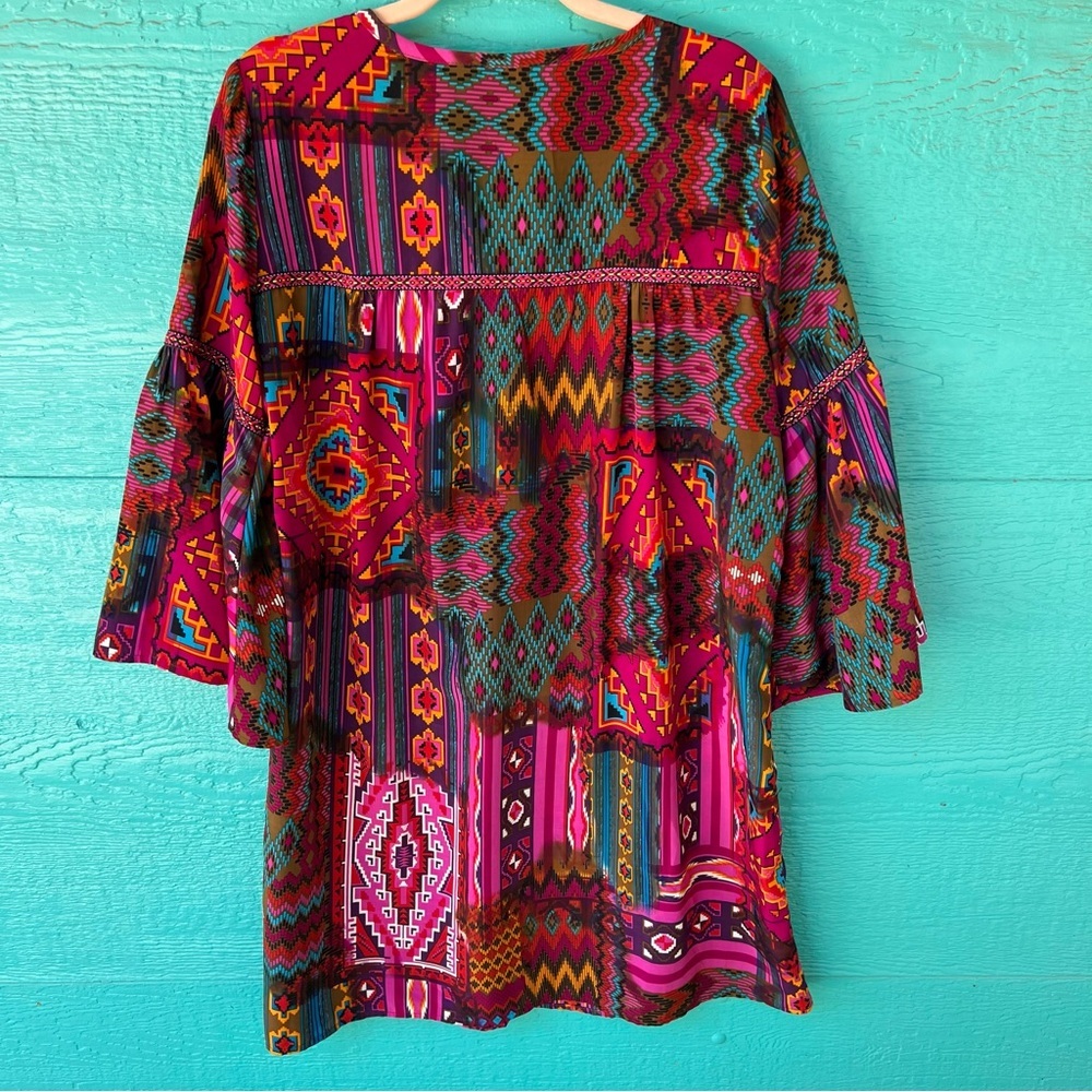 Uncle Frank Patchwork Dress Aztec Western Print V-Neck 3/4 Bell Sleeves M - Picture 4 of 11